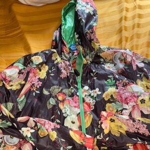 Adidas Black Floral Windbreaker with Green Accents